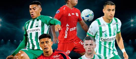 Josen Escobar (América), Emilio Aristizábal (Nacional), Juan José Arias (Nacional), Kevin Mantilla (DIM) y Simón García (Nacional) dominan el top-5 de los futbolistas menores de 23 años que juegan en Colombia. FOTO EL COLOMBIANO