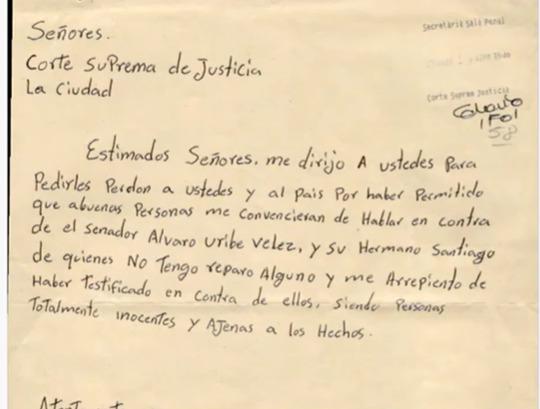 Esta es la carta firmada por Monsalve el 2 de abril de 2018. FOTO CORTESÍA