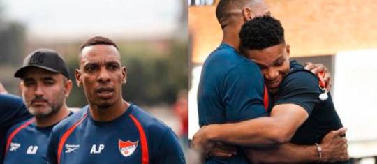 Amaranto Perea llegó para empezar su proceso con el DIM y, como lo muestra la imagen, tuvo un encuentro emotivo con jugadores como Frank Fabra. FOTO @DIM_Oficial