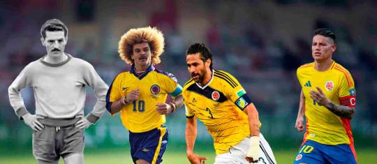 Francisco “Cobo” Zuluaga fue el capitán de Colombia en el Mundial de 1962; el “Pibe” Valderrama en 1990, 1994 y 1998, mientras que Mario Yepes lo hizo en 2014. James tomó la posta para 2018 y se espera que ejerza ese liderazgo en el Mundial 2026. FOTOS Conmebol, Getty y Juan Antonio Sánchez