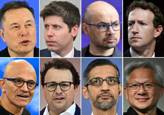 De arriba a la izquierda, en el sentido de las agujas del reloj: CEO de Tesla y X, Elon Musk; CEO de OpenAI, Sam Altman; cofundador y presidente de DeepMind, Demis Hassabis; CEO de Meta, Mark Zuckerberg; CEO de Microsoft, Satya Nadella; CEO de Anthropic, Dario Amodei; CEO de Google, Sundar Pichai; CEO de Nvidia, Jensen Huang. Los principales ejecutivos de IA dicen que quieren frenar el ritmo vertiginoso del desarrollo de la inteligencia artificial, pero la competencia, la reticencia del gobierno estadounidense y los factores geopolíticos se interponen en el camino. Foto: AFP