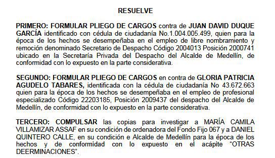 Extracto de la decisión tomada por la Procuraduría. FOTO: imagen tomada del documento judicial.