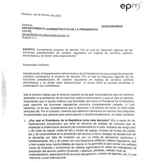 El inédito oficio de EPM fue enviado el pasado 8 de febrero.