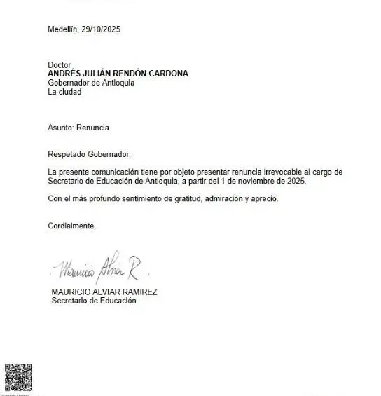 Carta de renuncia del secretario de Educación. 