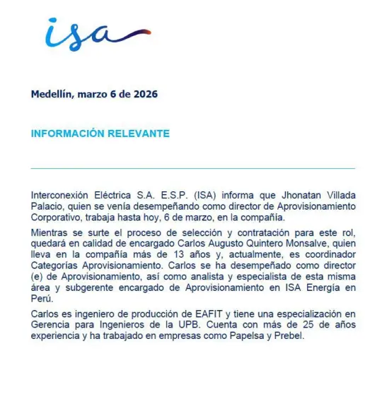 ISA anuncia la salida de Jhonatan Villada, ficha de Quintero y nombrado durante la era de Jorge Carrillo