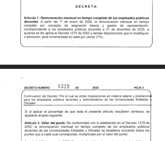 El Gobierno Nacional aumentó 7% el salario de los empleados públicos para 2026. En el listado de empleados están docentes de colegios y universidades públicas, jueces, empleados de la Contraloría, la Dian, entre otros.