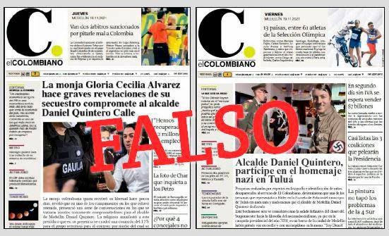 En los últimos días empezaron a circular por redes sociales varias portadas falsas de EL COLOMBIANO. Esa sería una estrategia para deslegitimar las investigaciones que realiza este diario. 