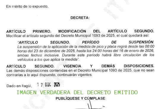 ¡Ojo! Alcaldía de Itagüí desmintió cadena de Whatsapp sobre pico y placa en diciembre