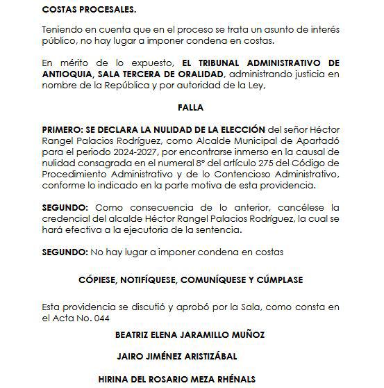 Por apoyo a Independientes, declaran nulidad en elección del alcalde de Apartadó