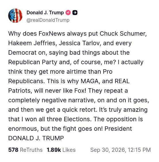 Publicación de Donald Trump sobre Fox News vía Truth Social. 