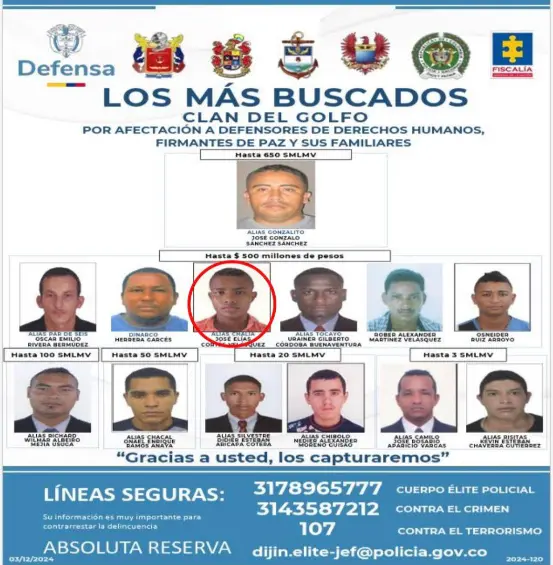 Alias ‘Chalia’ en el cartel de los más buscados por afectación a defensores de derechos humanos. FOTO Ejército.