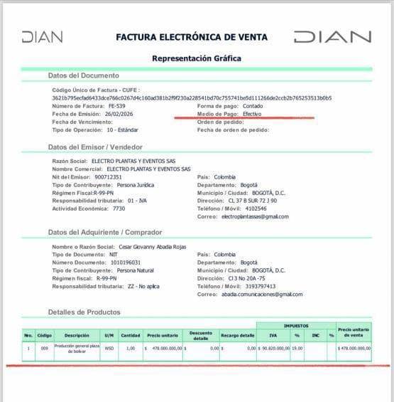 Factura de la Dian para el evento.