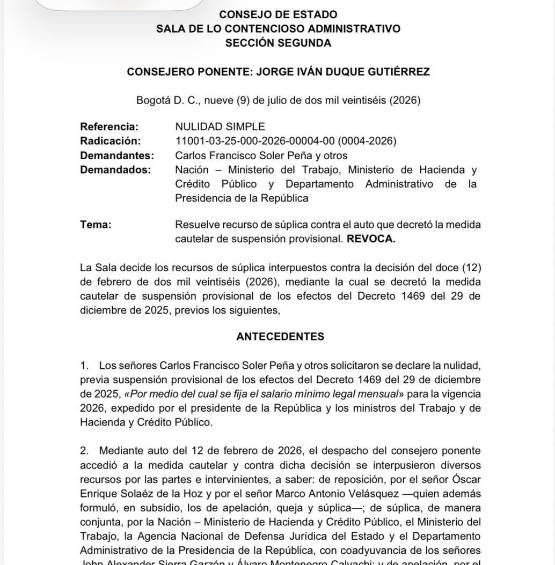 Decisión del Consejo de Estados sobre el salario mínimo.