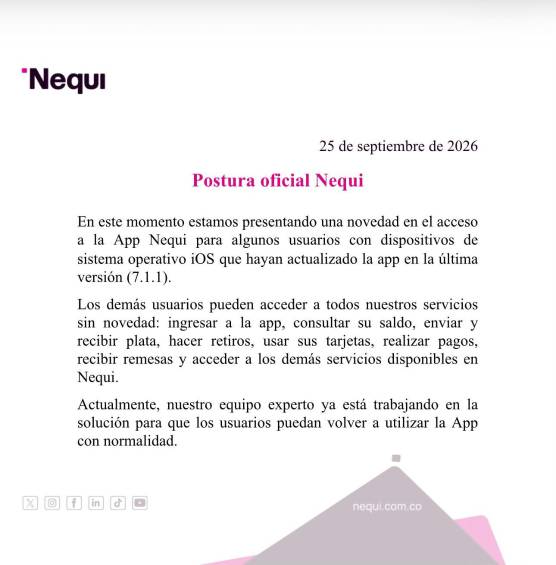 Comunicado de Nequi. FOTO: Nequi