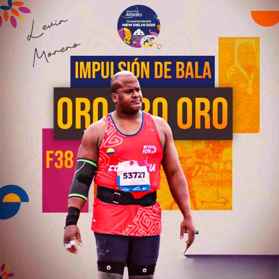 El antioqueño Levin Moreno Denis ganó la medalla de oro en la prueba de la impulsión de bala, clase deportiva F38 y logró Récord Mundial. FOTO CORTESÍA PARAATLETISMO 