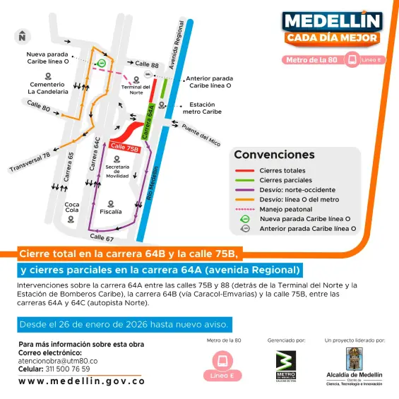 Ojo a nuevos cierres viales en Medellín por obras del metro de la 80: hay cambio en parada de buses