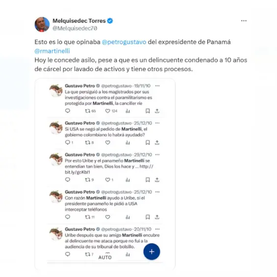 Reviven ataques de Petro en X a Martinelli, a quien le concedió asilo en Colombia: “Chuzaba a opositores y recibió sobornos de Odebrecht”