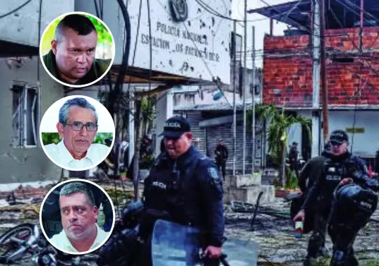 La estación policial, casas y locales vecinos quedaron seriamente afectados por el carrobomba en Los Patios, Norte de Santander. De arriba a abajo, “Calarcá”, “Walter Mendoza” y “Araña”, cabecillas de las disidencias.<b> </b>FOTO<b> AFP</b> <b>y redes sociales.</b>
