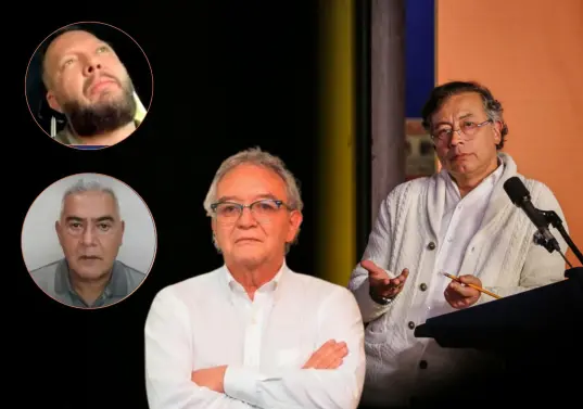 El presidente Gustavo Petro en la imagen central. Arriba, Luis Felipe Ramírez, abogado de ‘Papá Pitufo’; abajo, Diego Marín, alias Papá Pitufo, y a la derecha, Jorge Lemus, exdirector de la DNI. FOTOS: Colprensa, cortesía y captura de video