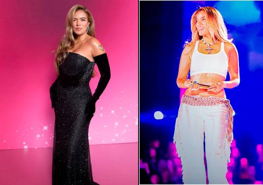 Karol G en abril de 2025 en el lanzamiento de su documental en Medellín y en enero de 2026, en su aparición en el escenario, en el show de Bad Bunny el pasado fin de semana. FOTOS EL COLOMBIANO y Cortesía Cristian David García @crisdying_ph