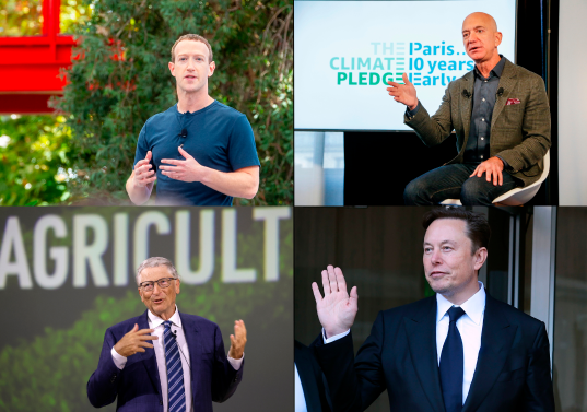 De izq. a der. Mark Zuckerberg, fundador de Meta, Jeff Bezos, fundador de Amazon, Bill Gates, fundador de Microsoft y Elon Musk, fundador de SpaceX. Fotos: Getty.