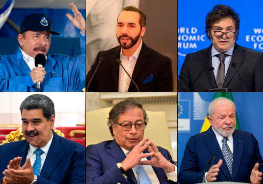 De izq. a der. Daniel Ortega, presidente de Nicaragua, Nayib Bukele, presidente de El Salvador, Javier Milei, presidente de Argentina, Nicolás Maduro, presidente de Venezuela, Gustavo Petro, presidente de Colombia y Lula Da Silva, presidente de Brasil. Fotos Getty y AFP.