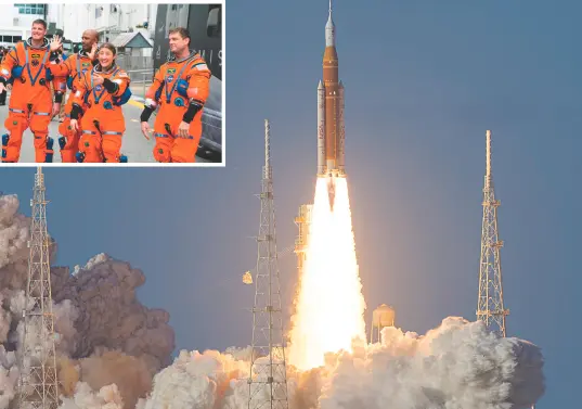 Los cuatro astronautas a su llegada a la zona de lanzamiento y finalmente el despegue del cohete SLS hacia la Luna. FOTOS: Getty