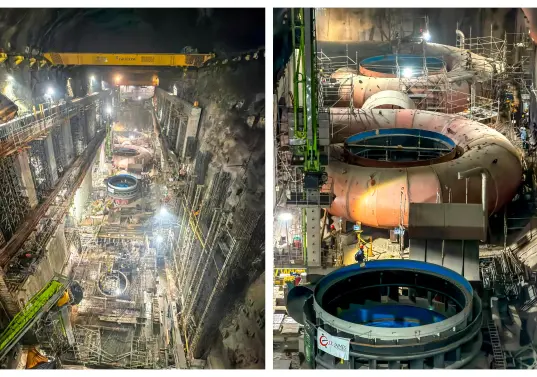 Los anillos estacionarios de las cámaras de espirales de las nuevas unidades de generación de Hidroituango ya fueron instalados. Lucen desde lo alto como caracoles gigantes. FOTO Cortesía de EPM