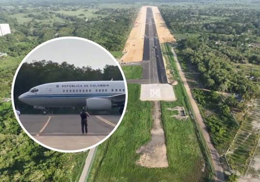 Aunque el acto de inauguración nunca se realizó y Petro no descendió del avión, las cuentas oficiales del Gobierno presentaron el aterrizaje como la entrega del aeropuerto de Tolú. Foto: Presidencia y redes sociales @NoticiasRCN