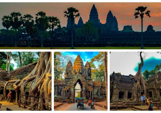 Arriba: Amanecer en Angkor Wat; el sol se levanta detrás de las icónicas cinco torres del templo. Abajo a la izquierda y a la derecha: El complejo de templos de Ta Prohm, ubicado en el parque arqueológico de Angkor. Abajo en el centro: Puerta Sur de Angkor Thom, famosa por sus torres de caras. FOTOS JUAN DIEGO ORTIZ JIMÉNEZ