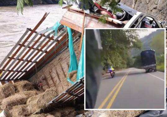 El camión tomó un rumbo abrupto hacia la derecha y rodó por un pronunciado abismo pese a las advertencias de la Policía. Fotos: Cortesía y captura de video.
