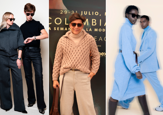 Franklin Ramos (en el centro) y algunas piezas de su marca Toscano. FOTOS Inexmoda y Cortesía. 