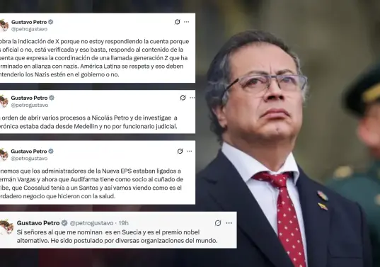 En un día, el presidente Petro publicó más de una decena de trinos hablando de diferentes temas. Varios eran fake news. FOTO: COLPRENSA Y CAPTURAS DE PANTALLA.