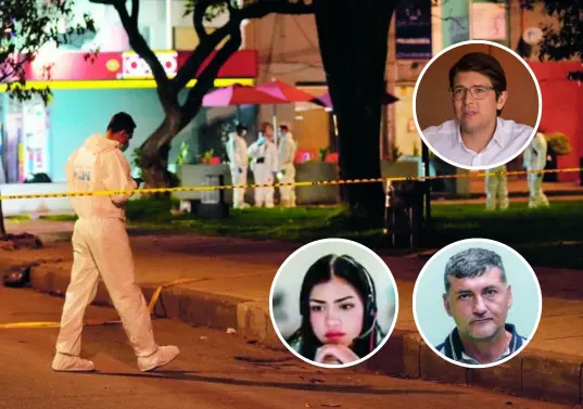 Investigadores y peritos de la Dijín de la Policía en la escena del atentado contra Miguel Uribe Turbay, el 7 de junio de 2025, en el Parque El Golfito. En los círculos, el senador asesinado, alias Gabriela y alias El Viejo. Foto: AFP.