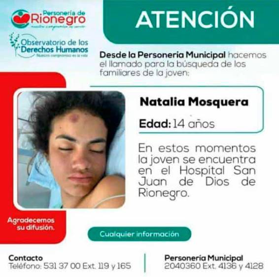 Buscan a la familia de una menor de 14 años que está en coma en hospital de Rionegro