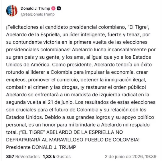 “Es un honor brindarle mi respaldo total”: Donald Trump felicitó a Abelardo de la Espriella tras imponerse en la primera vuelta