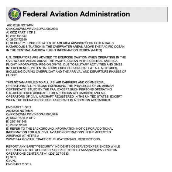 Comunicado de la Administración Federal de Aviación. FOTO: redes sociales.