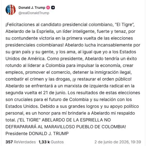 Respaldo de Trump a De la Espriella. Foto: redes sociales