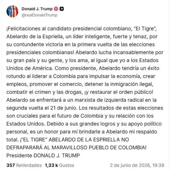Apoyo de Trump a De la Espriella. Foto: redes sociales