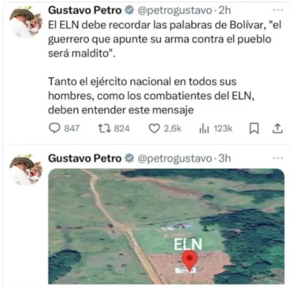 Petro publicó en X mapa con la localización del ELN en el Catatumbo. Foto: redes sociales