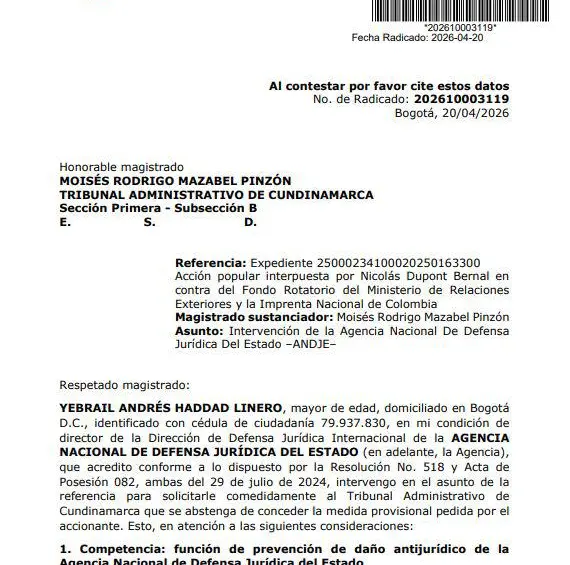 Facsímil del documento radicado por la Agencia de Defensa Jurídica del Estado. 