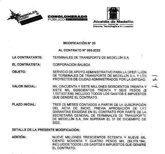 Extracto de documento público que muestra el número de adiciones al contrato. FOTO: Cortesía