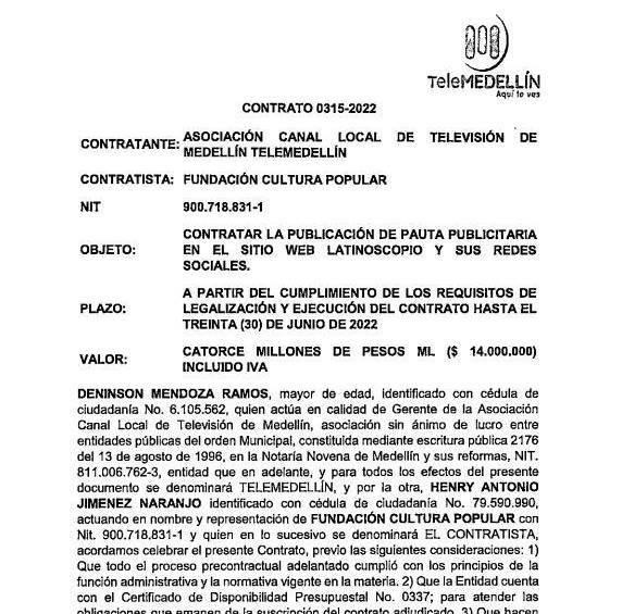 Contrato 0315 de 2022 entre Telemedellín y Latinoscopio. 