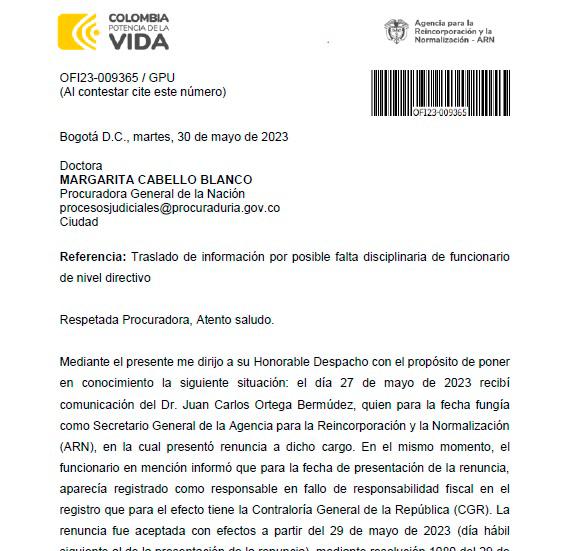 Solicitud de la ARN a la Procuraduría que abra investigación al Secretario saliente, Juan Carlos Ortega. Cortesía ARN.