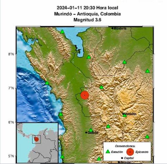 El sismo se registró hacia las 8:30 de la noche de este jueves, tuvo una magnitud de 3.6 y una profundidad de 43 kilómetros. FOTO Tomada de @sgcol