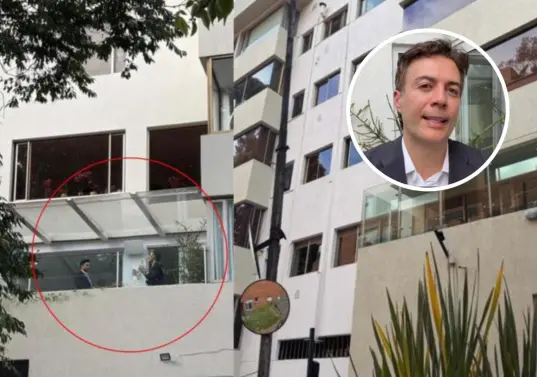 Daniel Quintero y su exsecretario de Gobierno, Esteban Restrepo, en el edificio donde está ubicado el apartamento que figura como domicilio de las cuatro empresas. Foto: EL COLOMBIANO