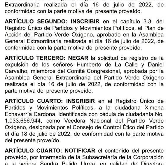 Esta es la decisión de la Sala Plena del CNE que tumbó la expulsión de Verde Oxígeno de Humberto De la Calle y Daniel Carvalho.