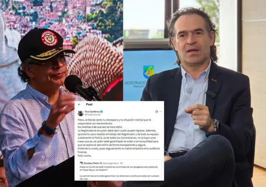 El presidente Gustavo Petro y el alcalde de Medellín, Federico Gutiérrez, tuvieron un nuevo cruce de palabras, esta vez por los temas del escrutinio y el ingreso de abogados a Plaza Mayor. FOTOS: EL COLOMBIANO