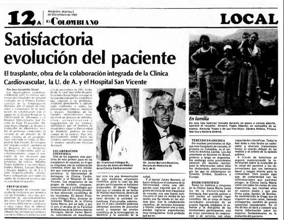 Reseña de EL COLOMBIANO sobre la exitosa cirugía. FOTO: Archivo.