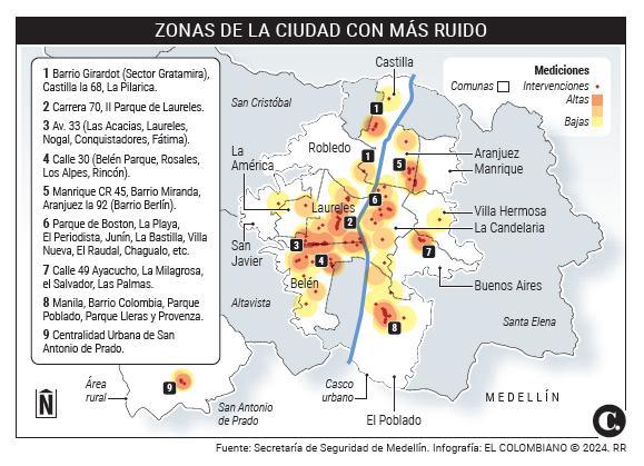 Mapa de las zonas más ruidosas de Medellín. EL COLOMBIANO